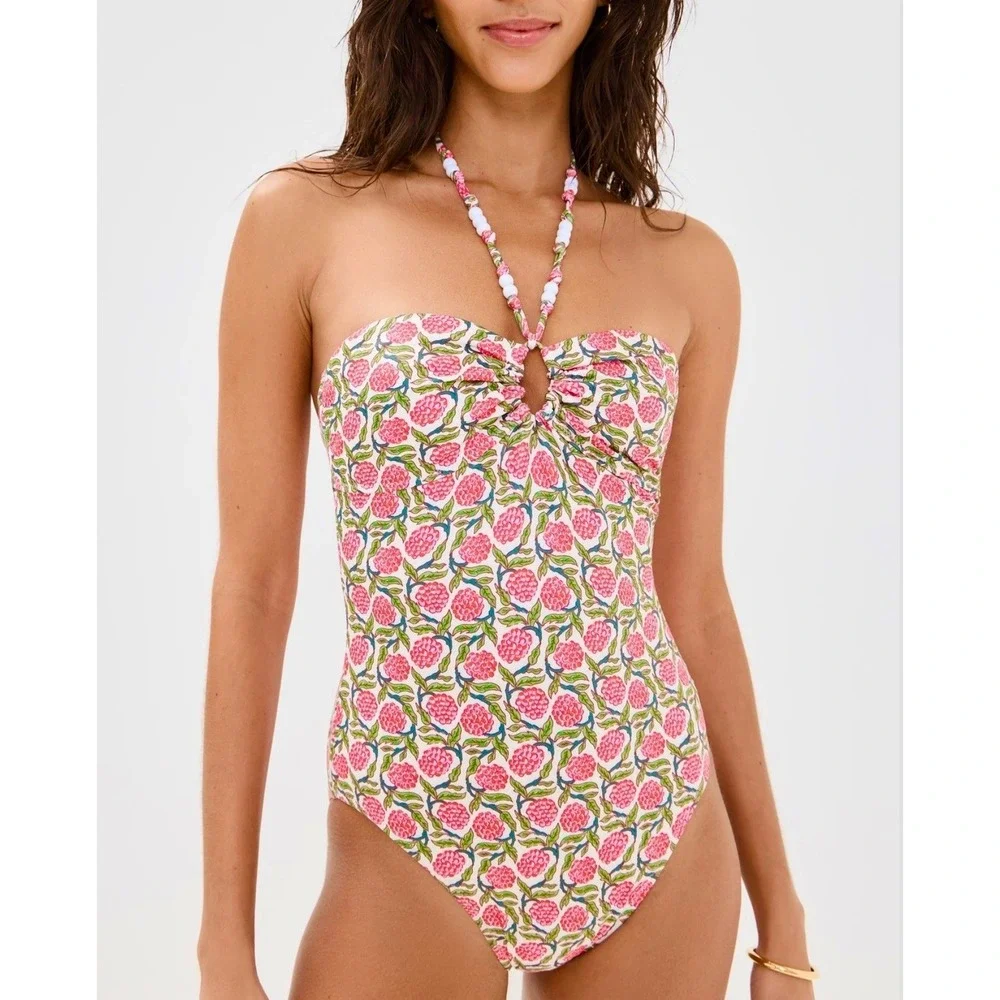 RHODE Kanika Swimsuit One Piece Floral Beaded Halter Size L $250 MSRP Resortwear
